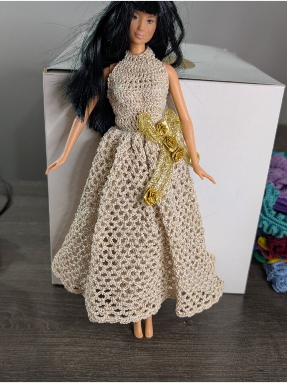 Handmade Crochet Barbie Gown Champagne Gold Bridalcore Old Hollywood Glam